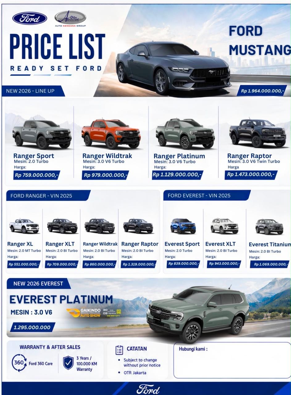 Brosur pricelist resmi mobil Ford Jakarta Oktober 2026: harga Ford Ranger, Ranger Raptor, Everest, dan Mustang OTR Jakarta
